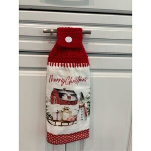 Crochet Top Kitchen Towel- Merry Christmas-barn and snowman